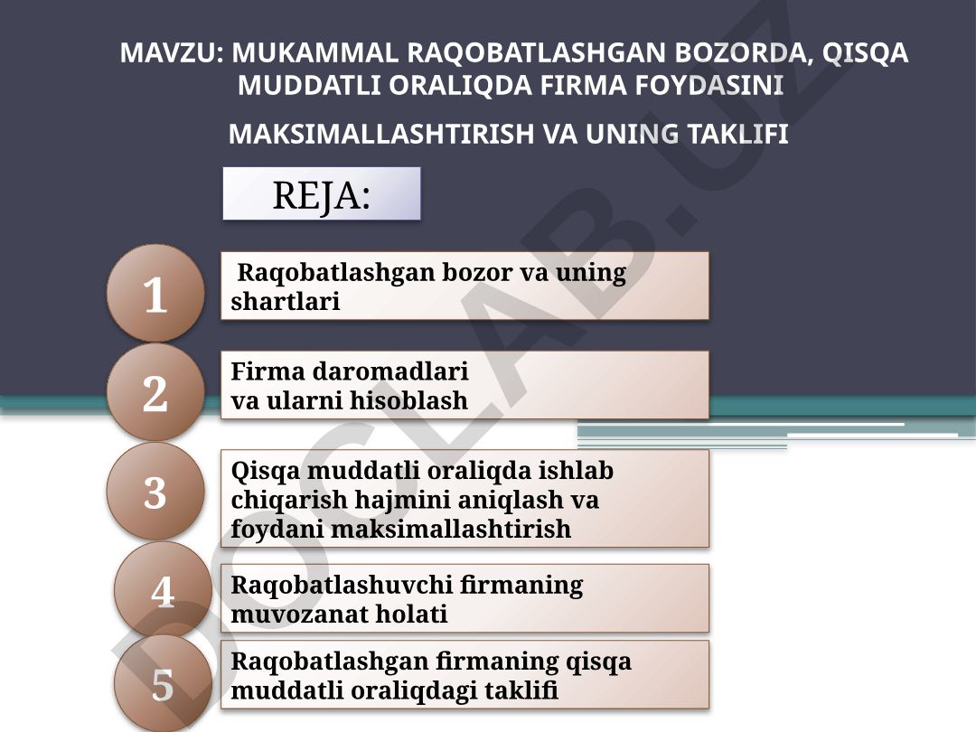Mukammal raqobatlashgan bozorda, qisqa muddatli oraliqda firma foydasini maksimallashtirish va uning taklifi