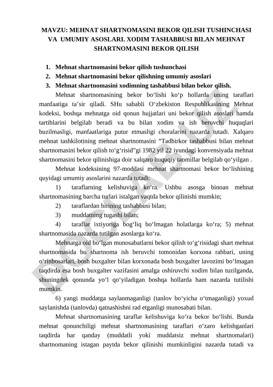MEHNAT SHARTNOMASINI BEKOR QILISH TUSHINCHASI VA UMUMIY ASOSLARI. XODIM TASHABBUSI BILAN MEHNAT SHARTNOMASINI BEKOR QILISH