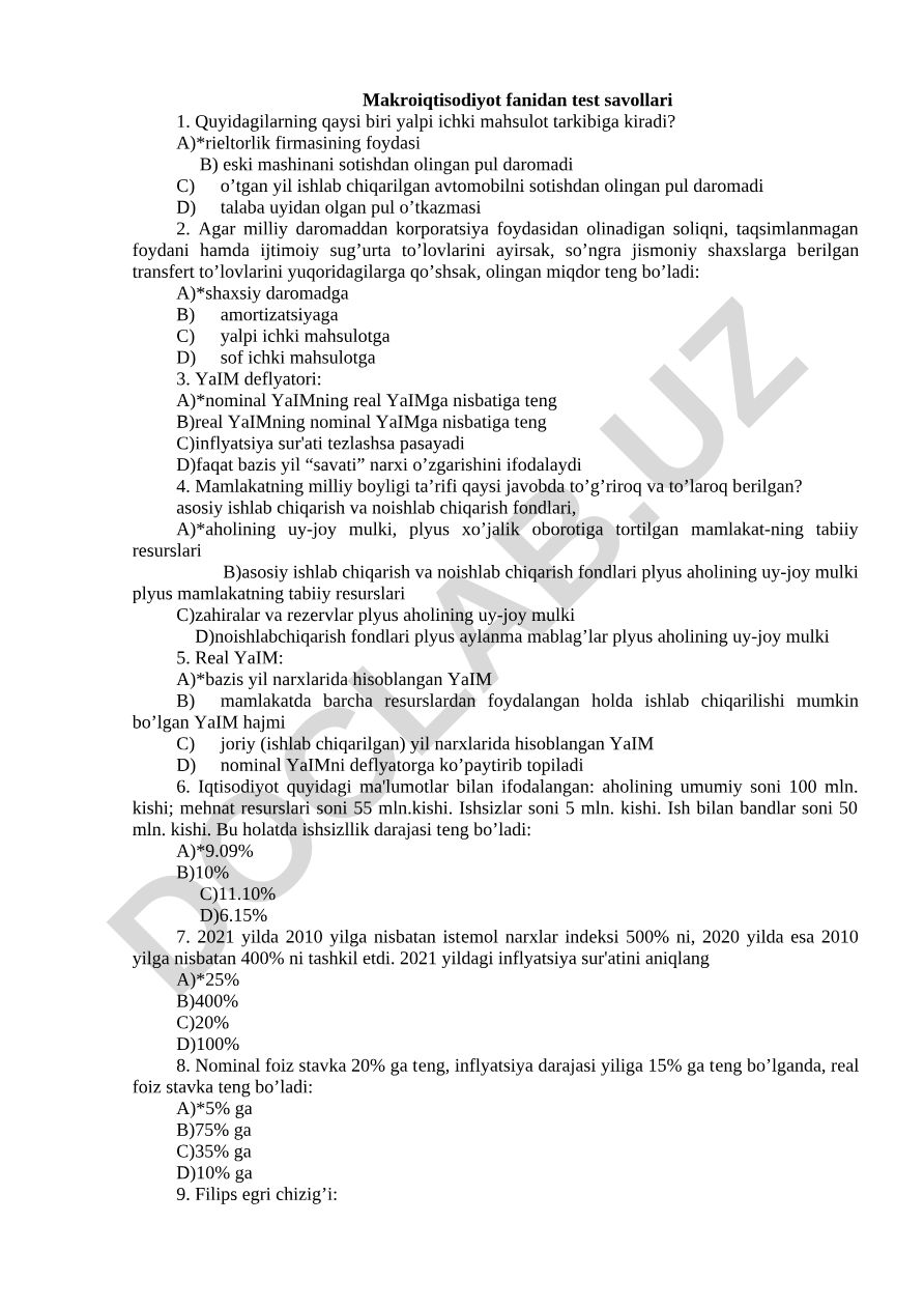 Makroiqtisodiyot fanidan test savollari