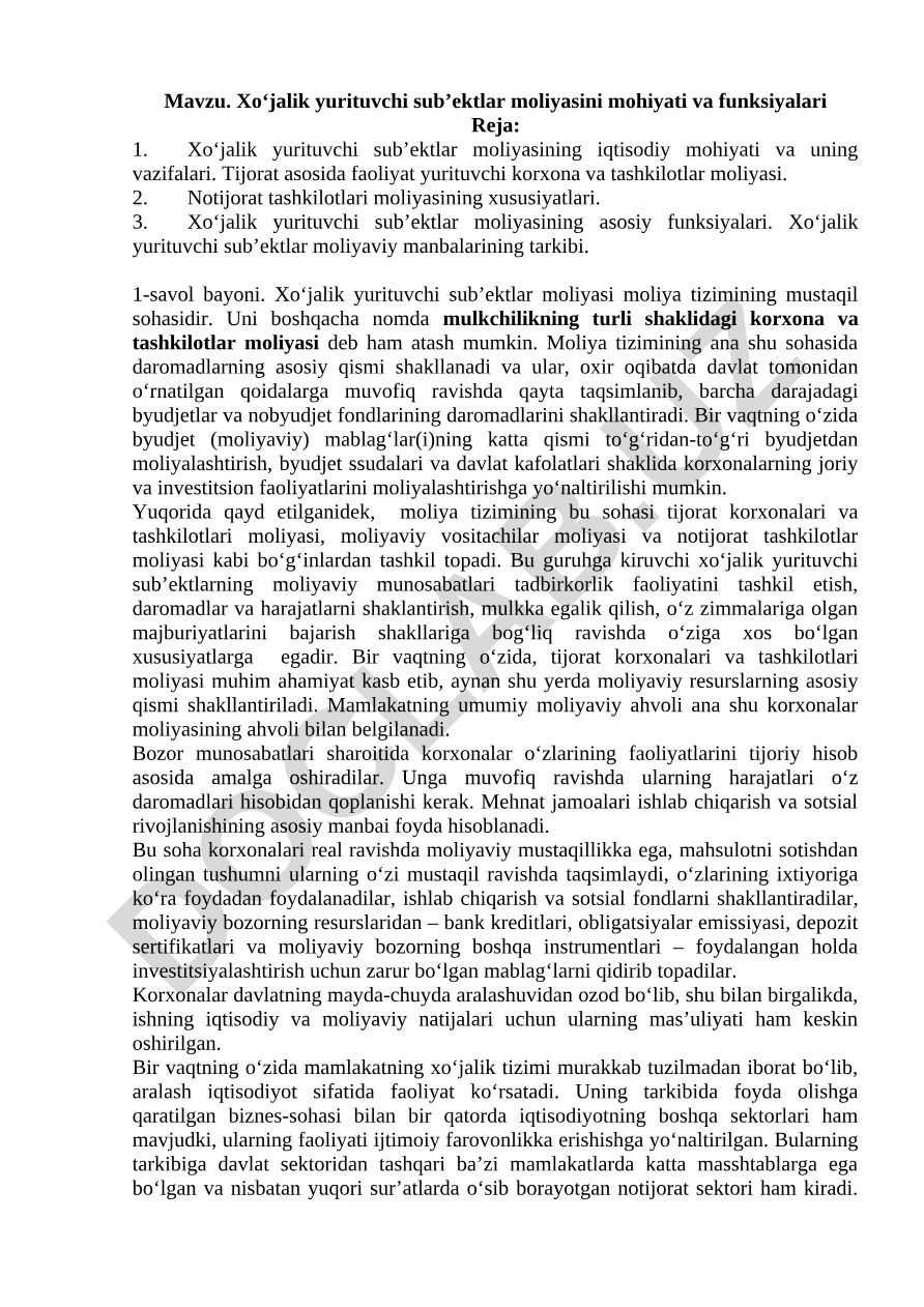 Xo‘jalik yurituvchi sub’ektlar moliyasini mohiyati va funksiyalari