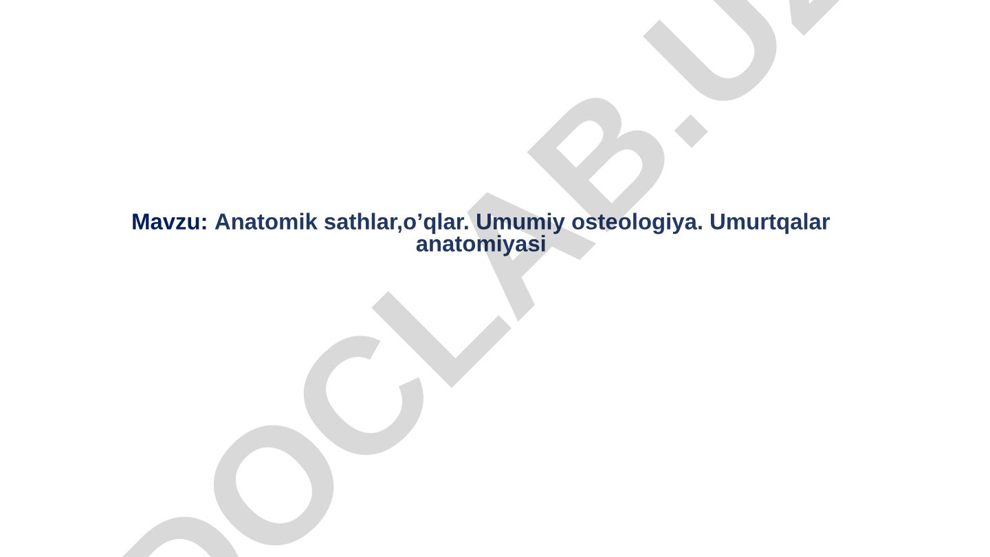 Anatomik sathlar, o'qlar. Umumiy osteologiya. Umurtqalar anatomiyasi