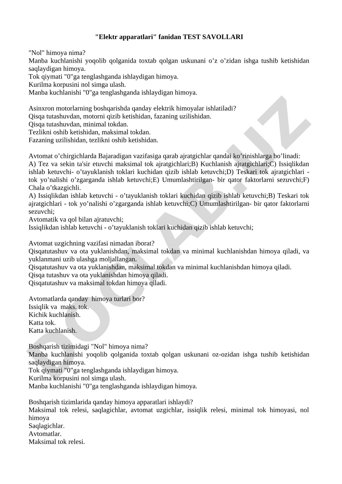Elektr apparatlari fanidan test savollari