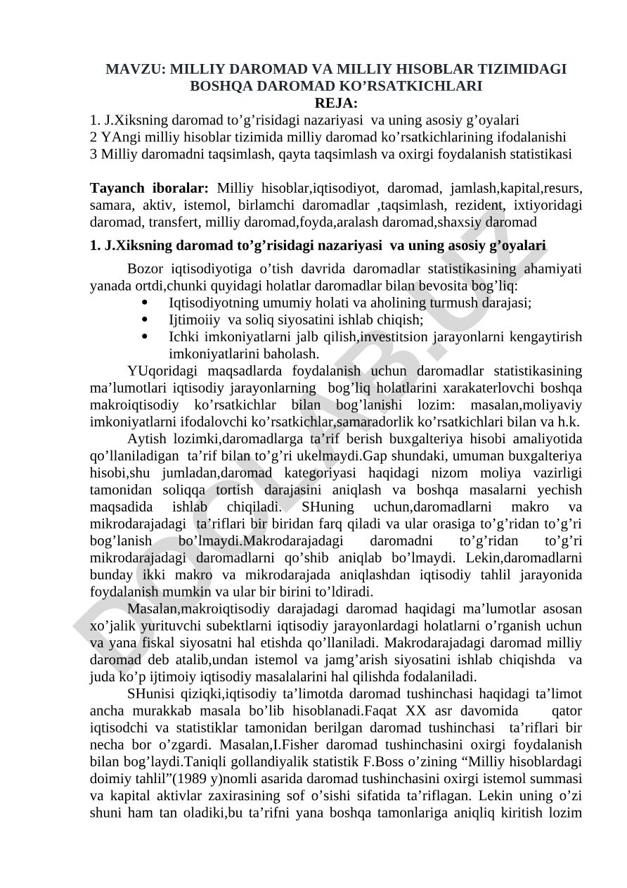Milliy daromad va milliy hisoblar tizimidagi boshqa daromad ko’rsatkichlari