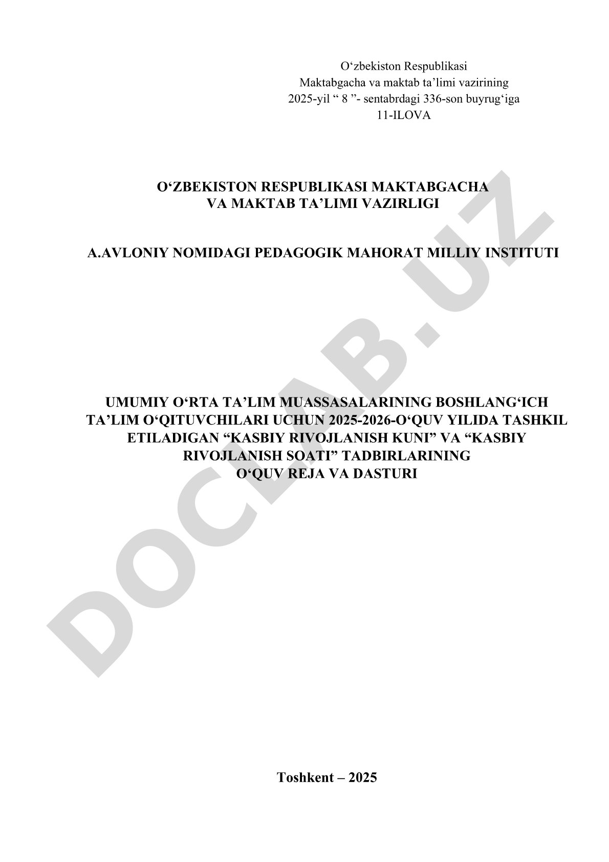 Boshlang'ich ta'lim o'qituvchilari uchun kasbiy rivojlanish kuni va soati tadbirlarining o'quv reja va dasturi
