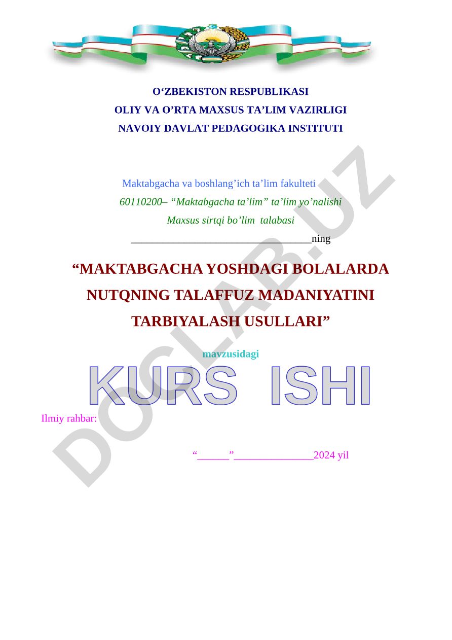 Maktabgacha yoshdagi bolalarda nutqning talaffuz madaniyatini tarbiyalash usullari