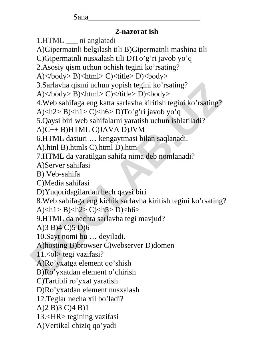 HTML asoslari bo'yicha 2-nazorat ishi