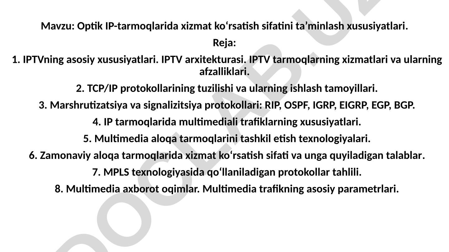 Optik IP-tarmoqlarida xizmat ko‘rsatish sifatini ta’minlash xususiyatlari
