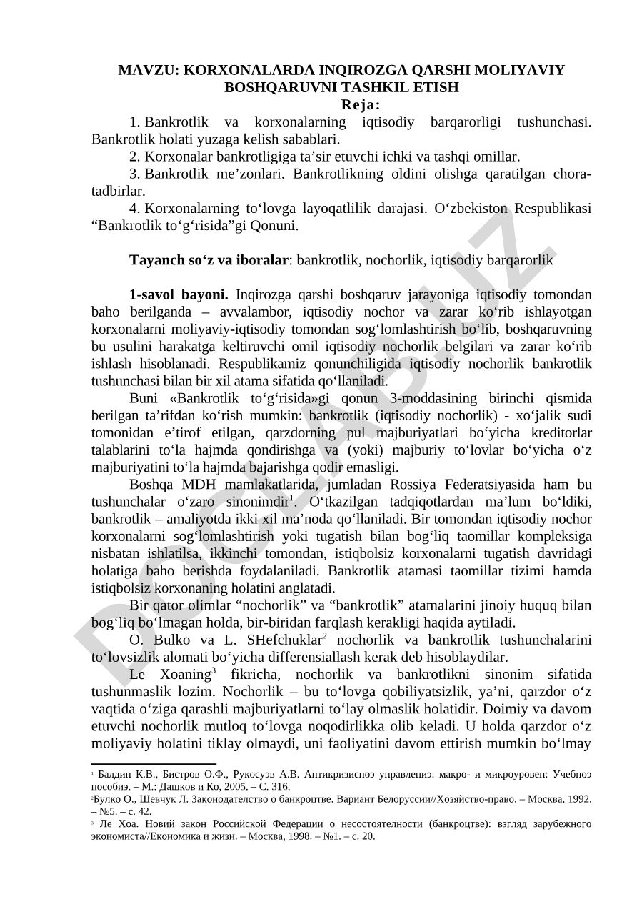Korxonalarda inqirozga qarshi moliyaviy boshqaruvni tashkil etish