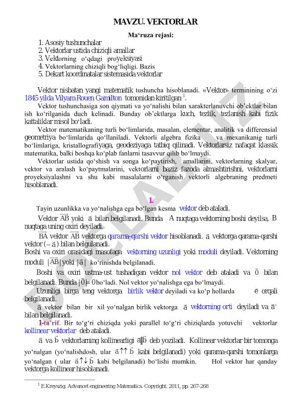 VEKTORLAR Ma'ruza rejasi
