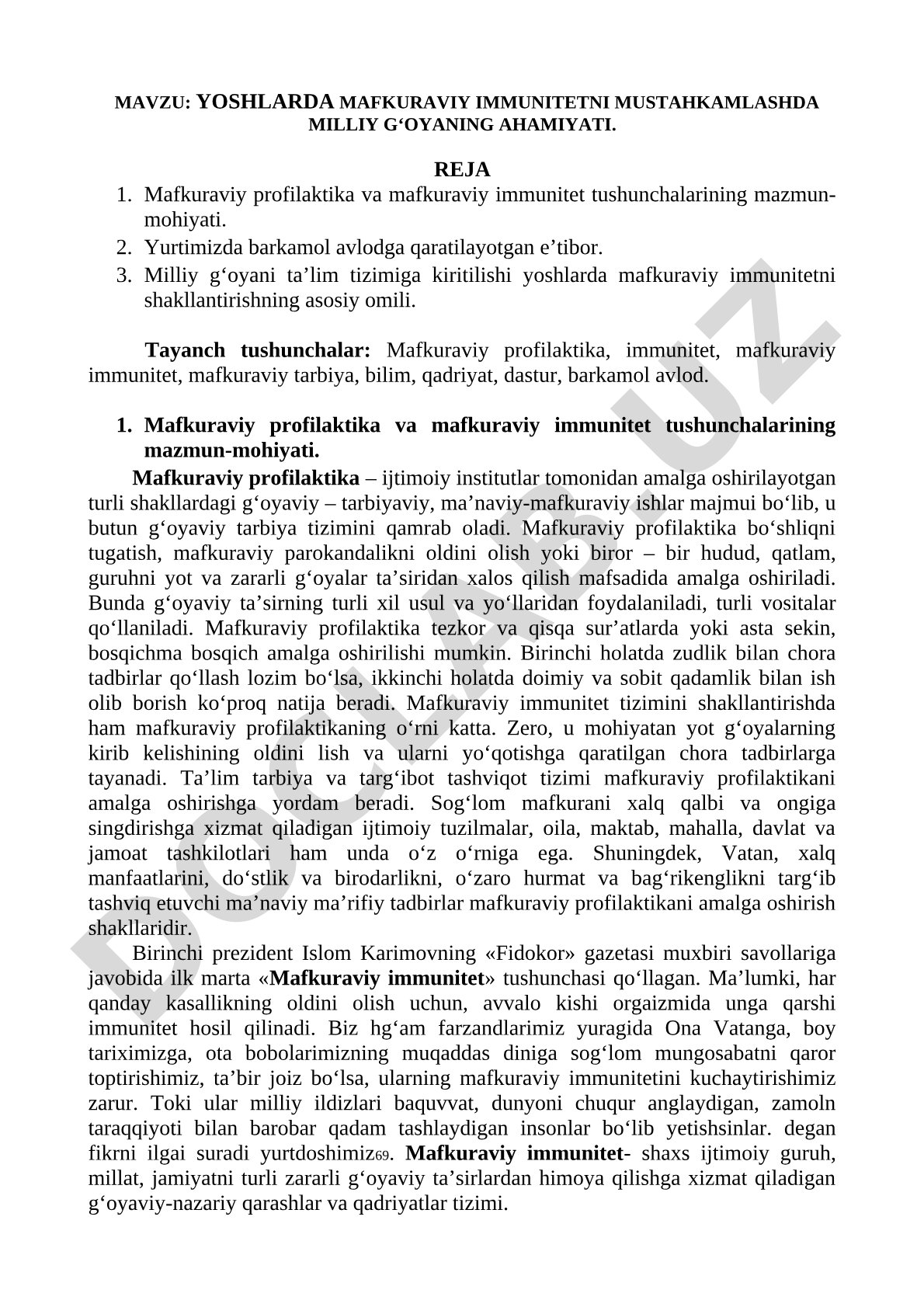 Yoshlarda mafkuraviy immunitetni mustahkamlashda milliy g‘oyaning ahamiyati