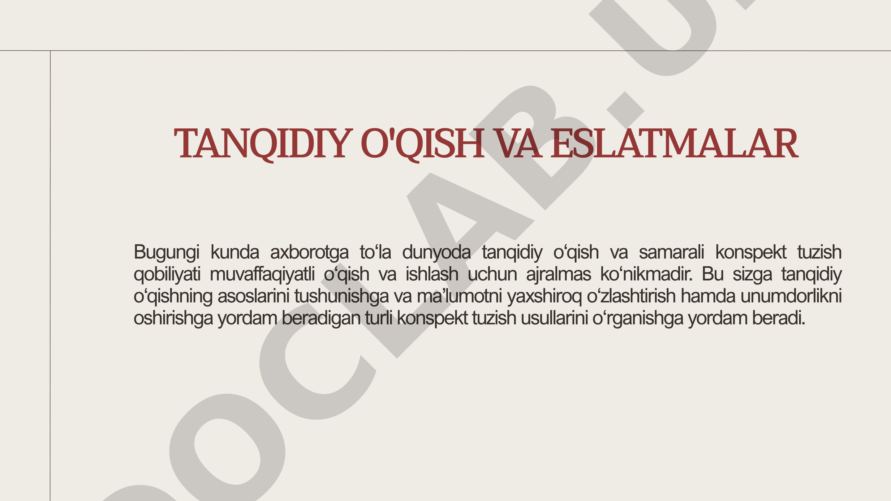 Tanqidiy o'qish va konspekt tuzish usullari