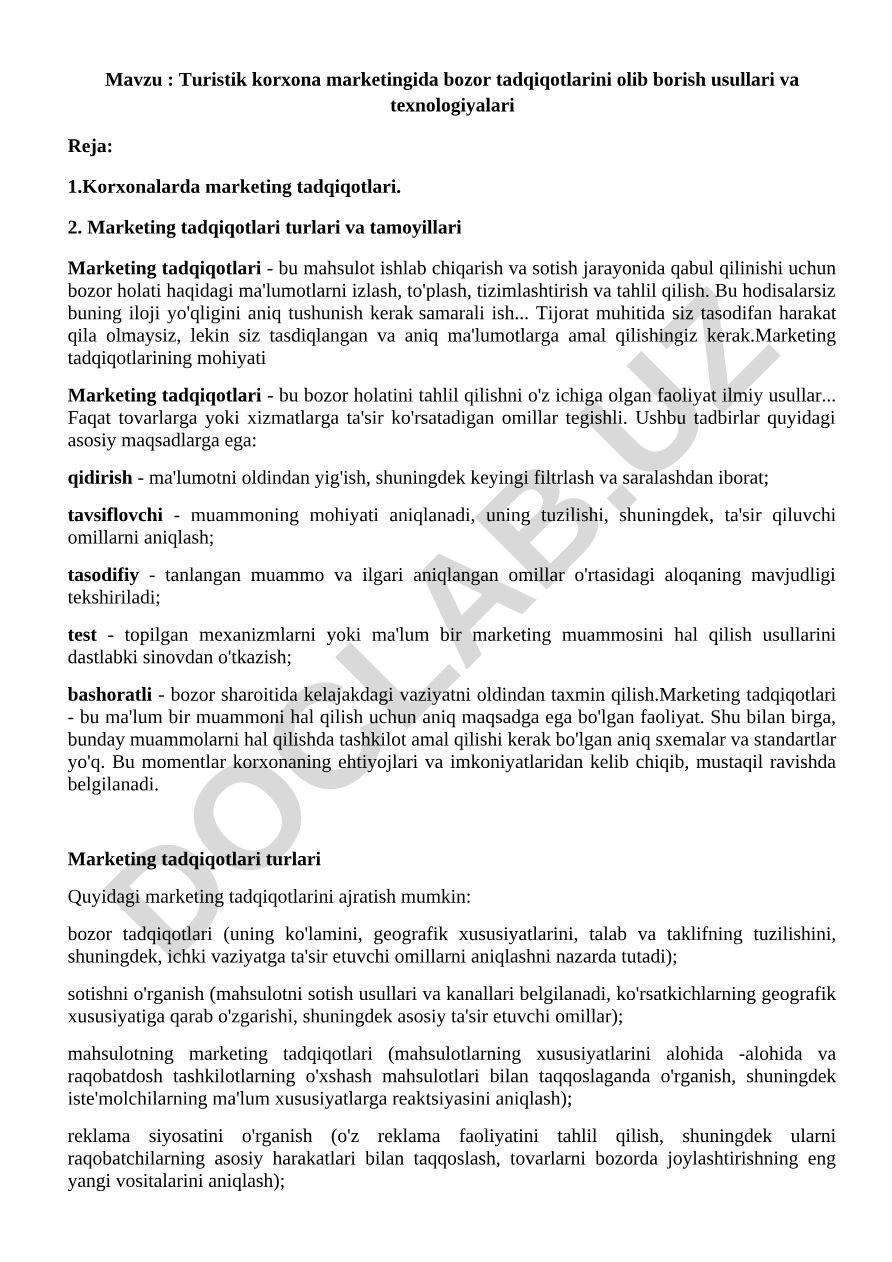 Turistik korxona marketingida bozor tadqiqotlarini olib borish usullari va texnologiyalari