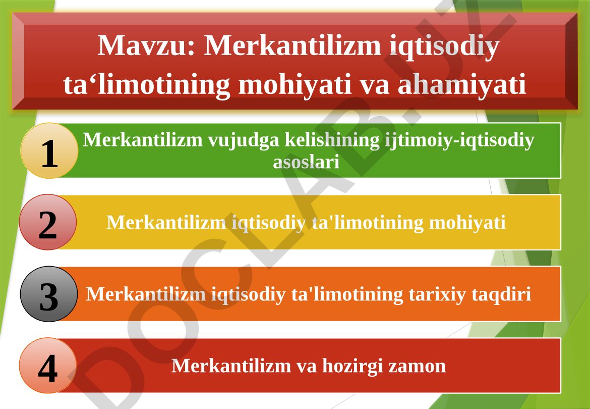 Merkantilizm iqtisodiy ta‘limotining mohiyati va ahamiyati