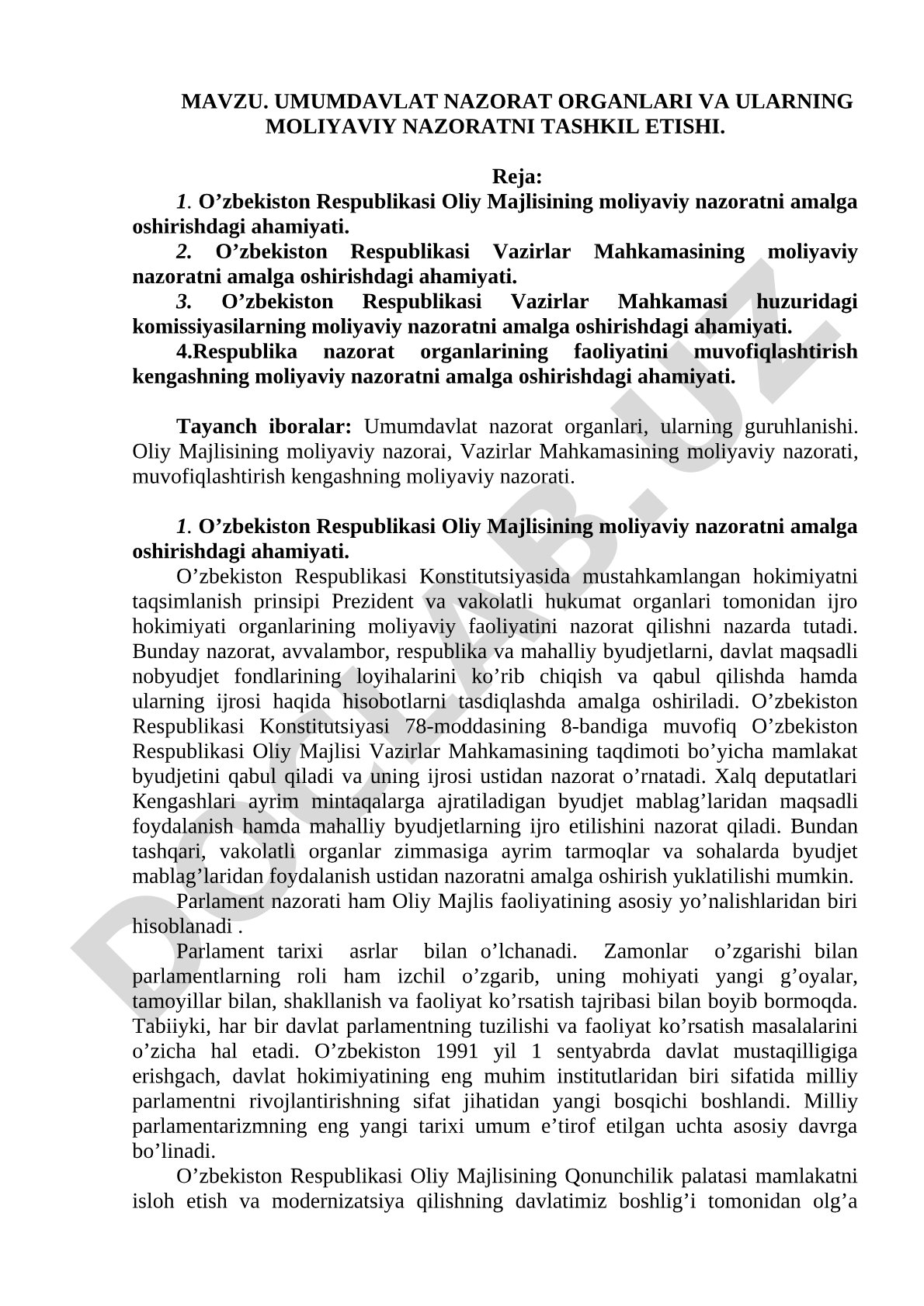 Umumdavlat nazorat organlari va ularning moliyaviy nazoratni tashkil etishi