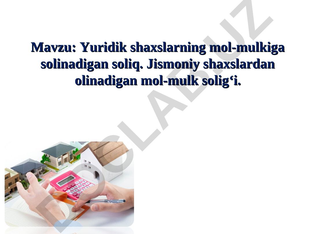 Yuridik shaxslarning mol-mulkiga solinadigan soliq. Jismoniy shaxslardan olinadigan mol-mulk solig‘i. O‘zbekiston Respublikasi soliq tizimiga mol-mulk solig‘ining joriy etilishi va uning iqtisodiy mohiyati. Yuridik shaxslarning mol-mulkiga solinadigan soliqni to’lovchilari, soliq ob’ekti va bazasi. Yuridik shaxslarning mol-mulkiga solinadigan soliqni hisoblash va budjetga to’lash tartibi