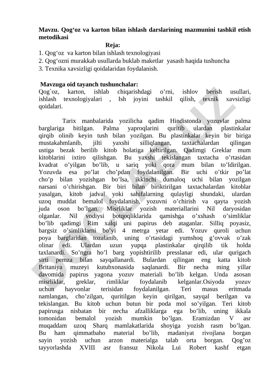 Qog‘oz va karton bilan ishlash darslarining mazmunini tashkil etish metodikasi