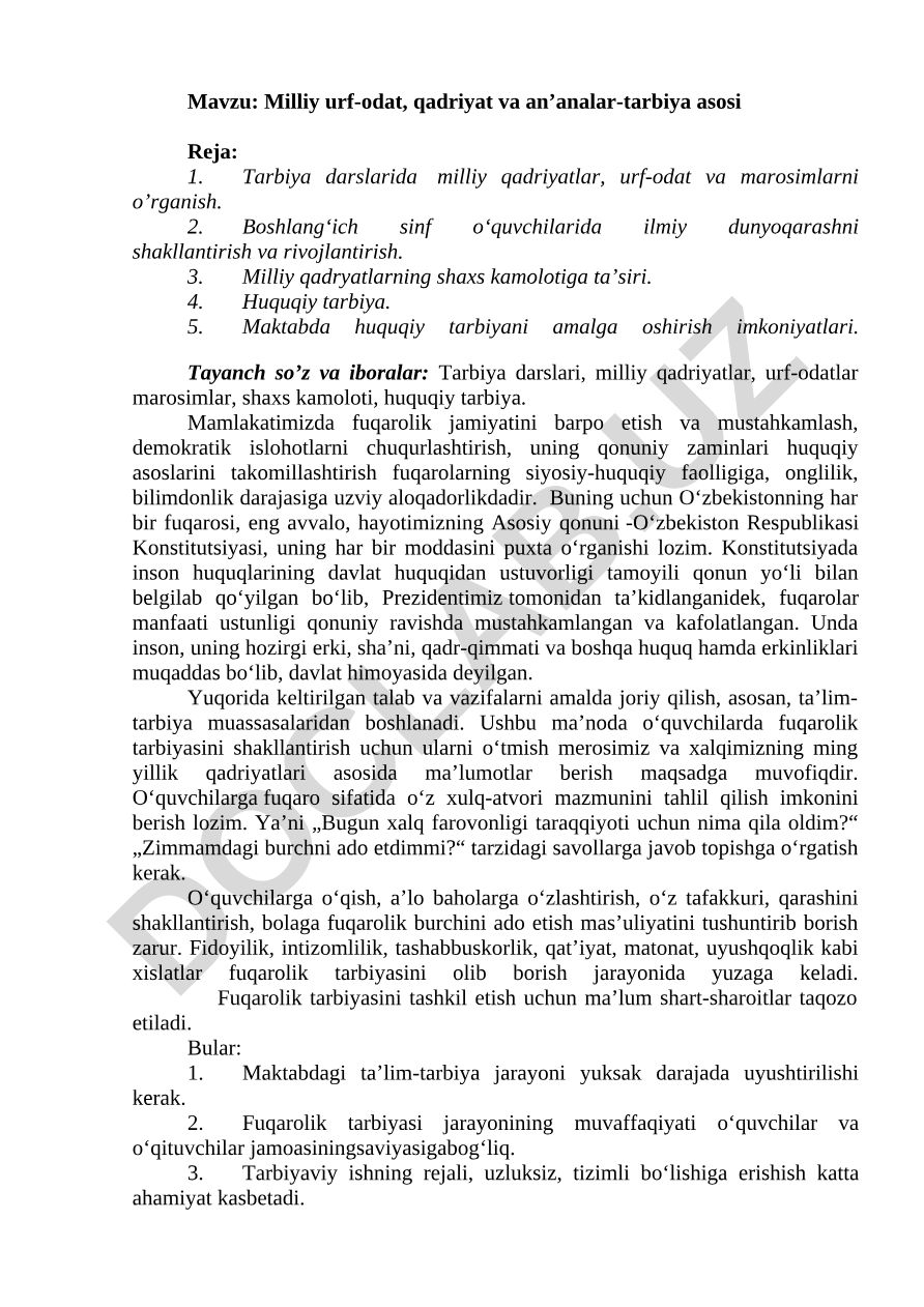 Milliy urf-odat, qadriyat va an’analar-tarbiya asosi