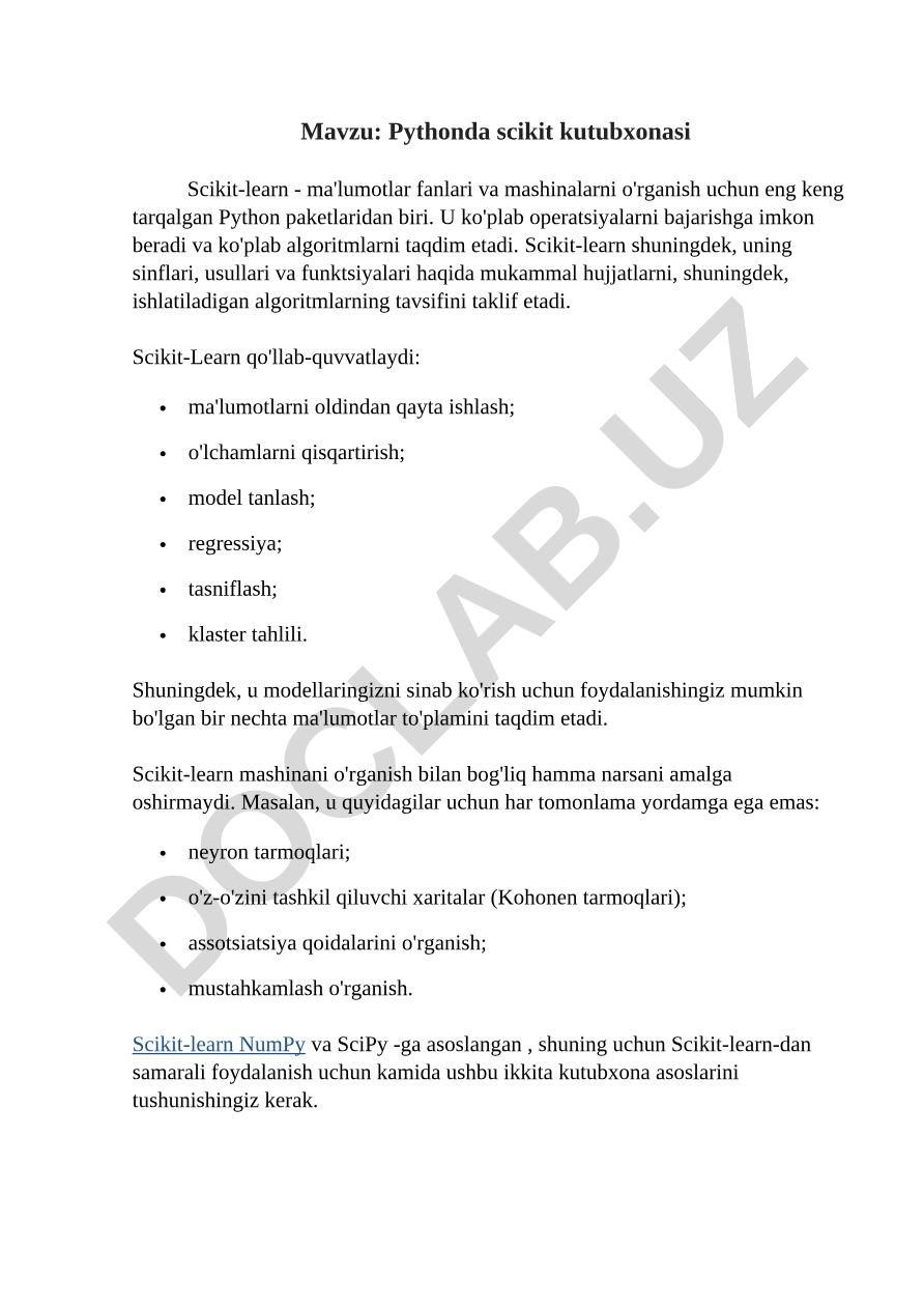 Pythonda scikit kutubxonasi Scikit-learn