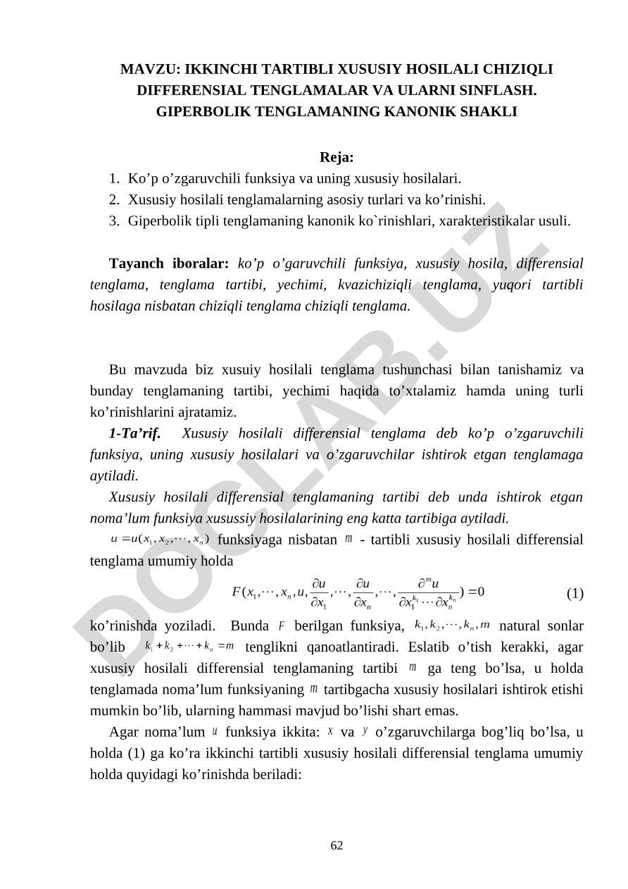 IKKINCHI TARTIBLI XUSUSIY HOSILALI CHIZIQLI DIFFERENSIAL TENGLAMALAR VA ULARNI SINFLASH. GIPERBOLIK TENGLAMANING KANONIK SHAKLI