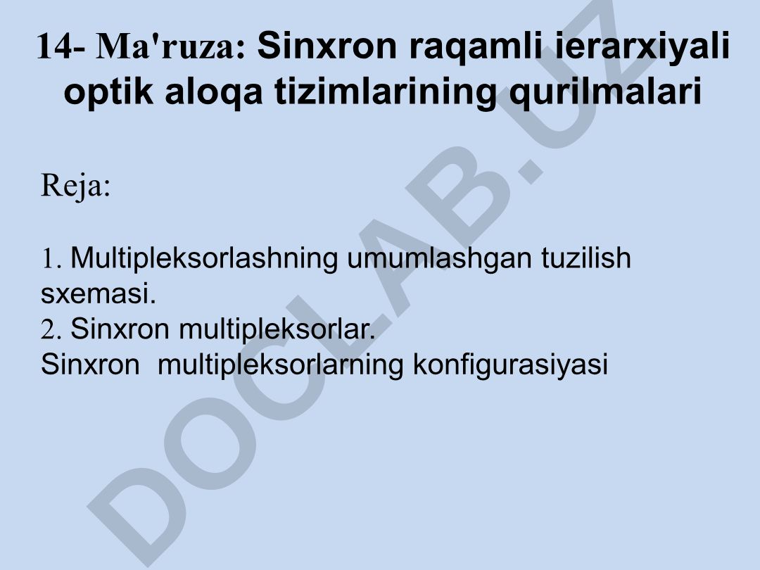 Sinxron raqamli iеrarxiyali optik aloqa tizimlarining qurilmalari