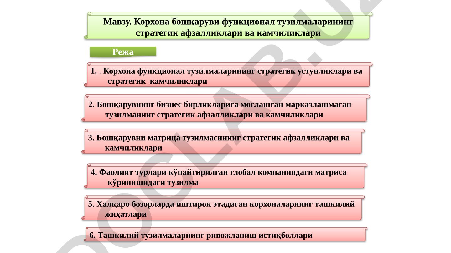 Корхона бошқаруви функционал тузилмаларининг стратегик афзалликлари ва камчиликлари