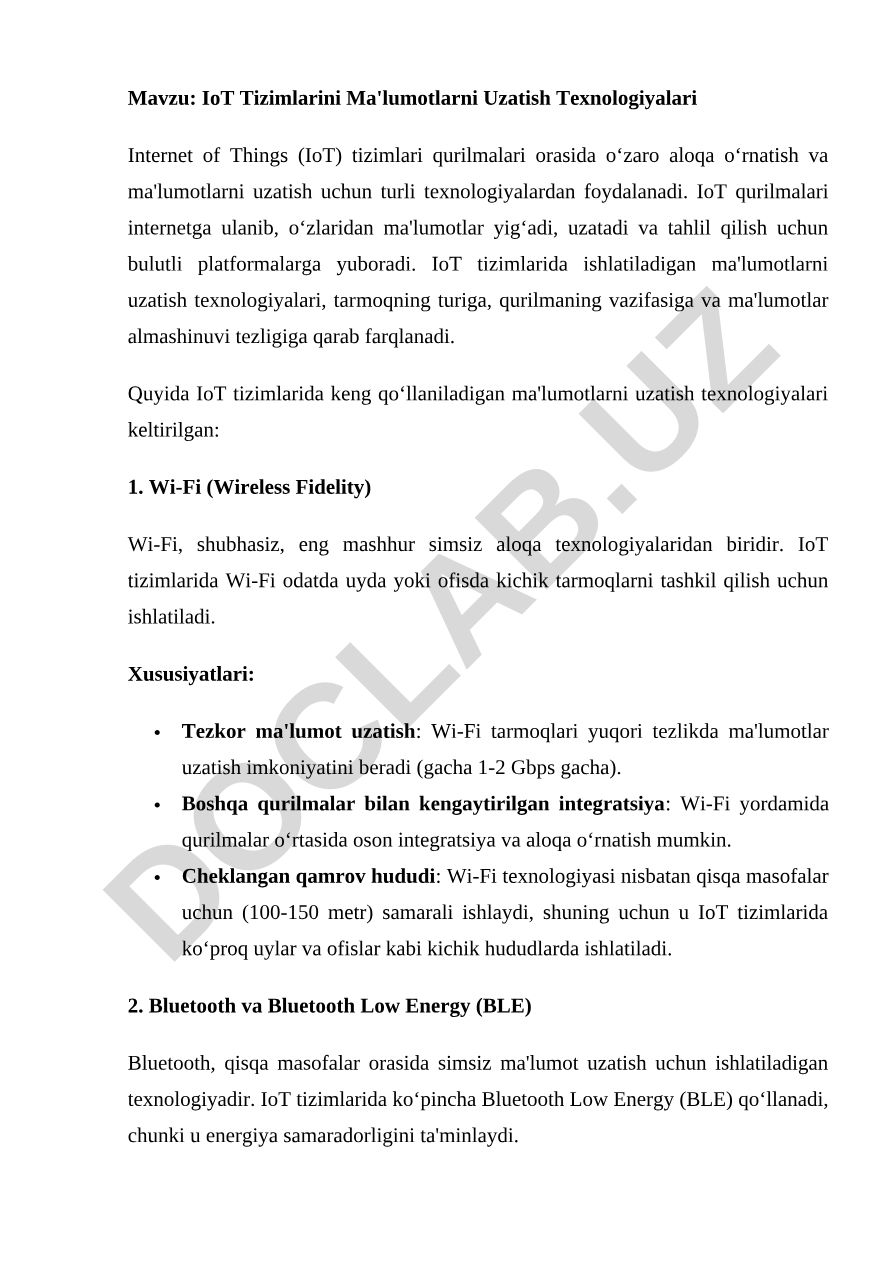 IoT Tizimlarini Ma'lumotlarni Uzatish Texnologiyalari