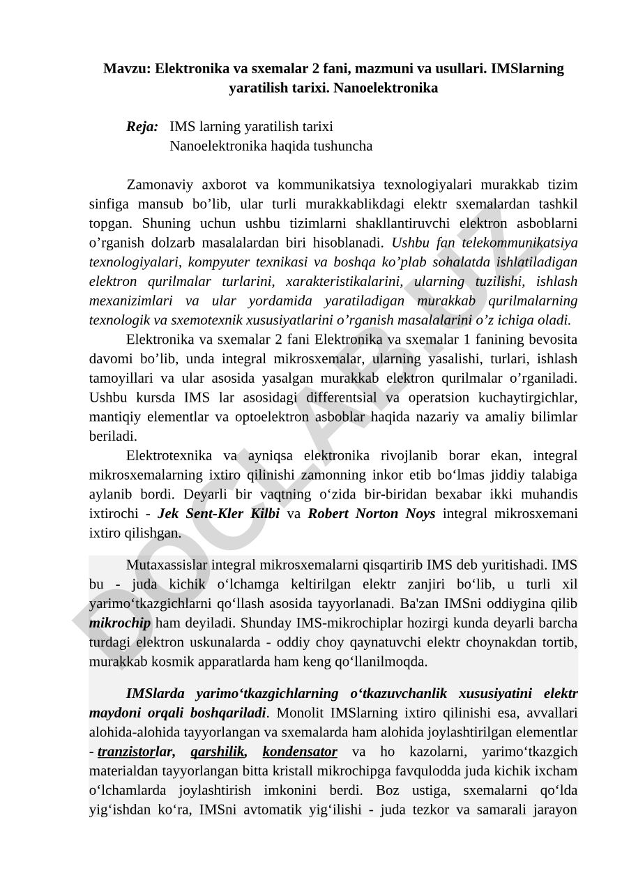 Elektronika va sxemalar 2 fani, mazmuni va usullari. IMSlarning yaratilish tarixi. Nanoelektronika