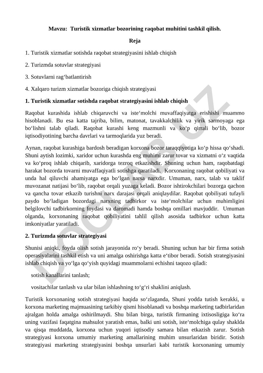 Turistik xizmatlar bozorining raqobat muhitini tashkil qilish