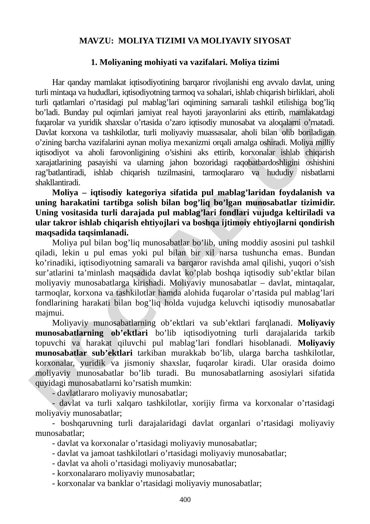MOLIYA TIZIMI VA MOLIYAVIY SIYOSAT