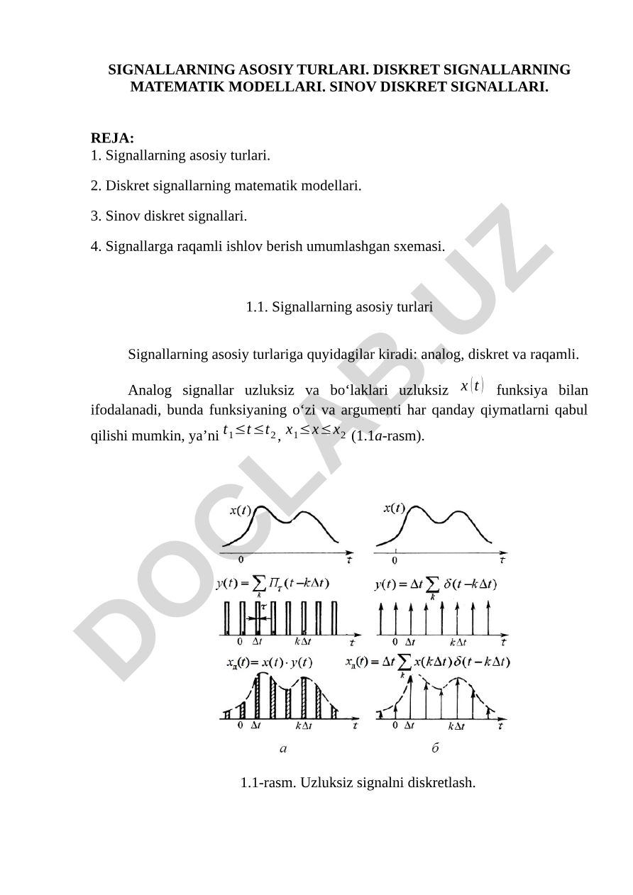 Signallarning asosiy turlari va diskret signallarning matematik modellari