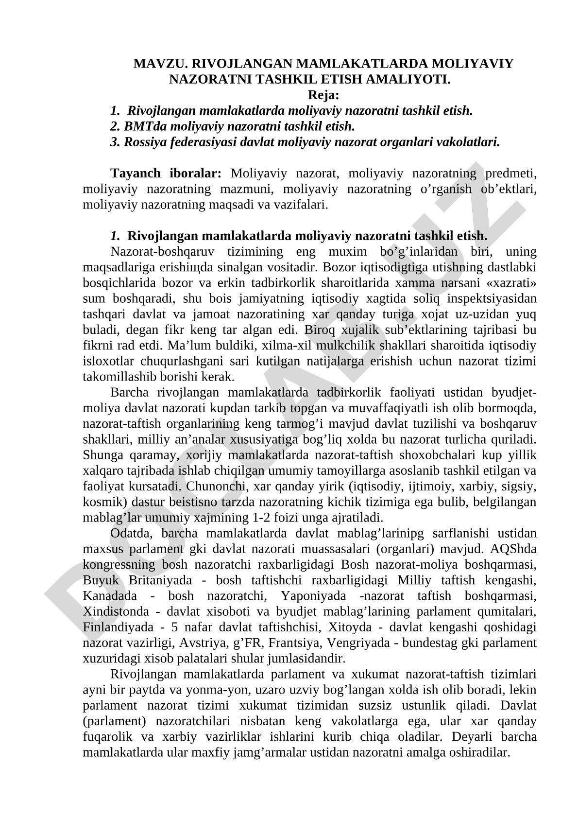 Rivojlangan mamlakatlarda moliyaviy nazoratni tashkil etish amaliyoti