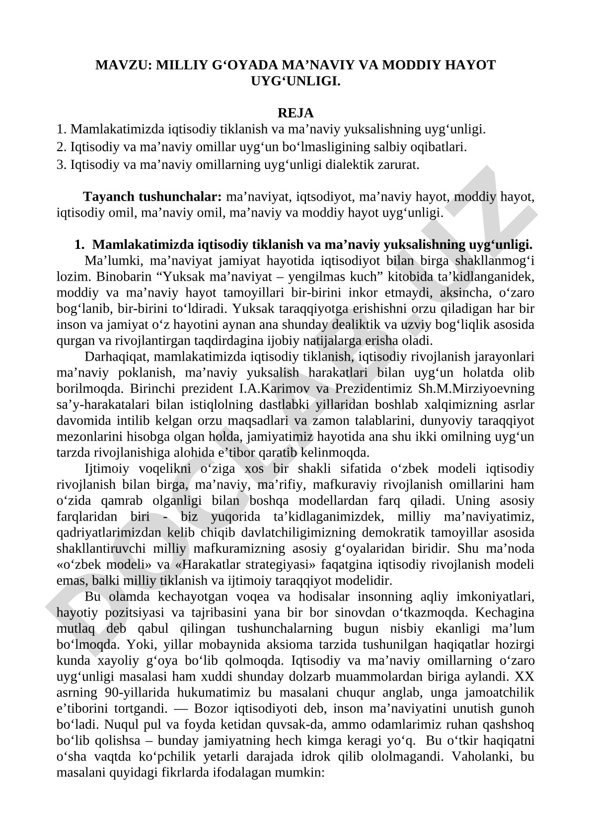 Milliy g‘oyada ma’naviy va moddiy hayot uyg‘unligi
