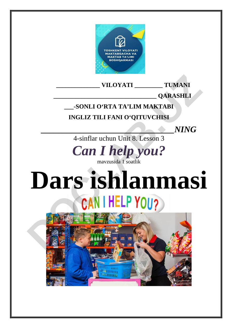 Can I help you? mavzusida 4-sinflar uchun ingliz tili dars ishlanmasi