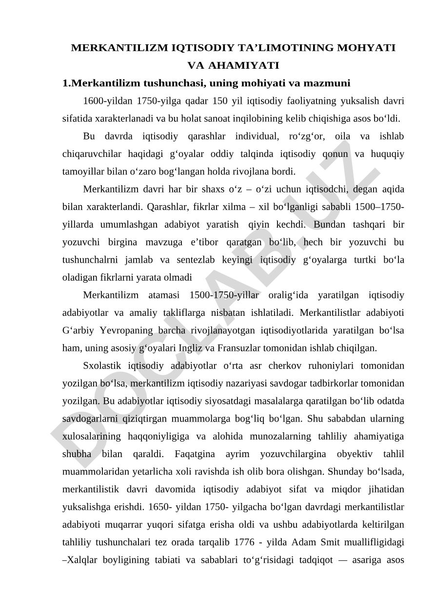 Merkantilizm iqtisodiy ta'limotining mohiyati va ahamiyati
