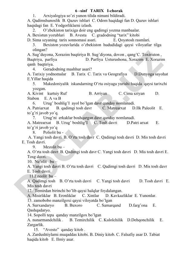 6-sinf tarix fanidan test savollari