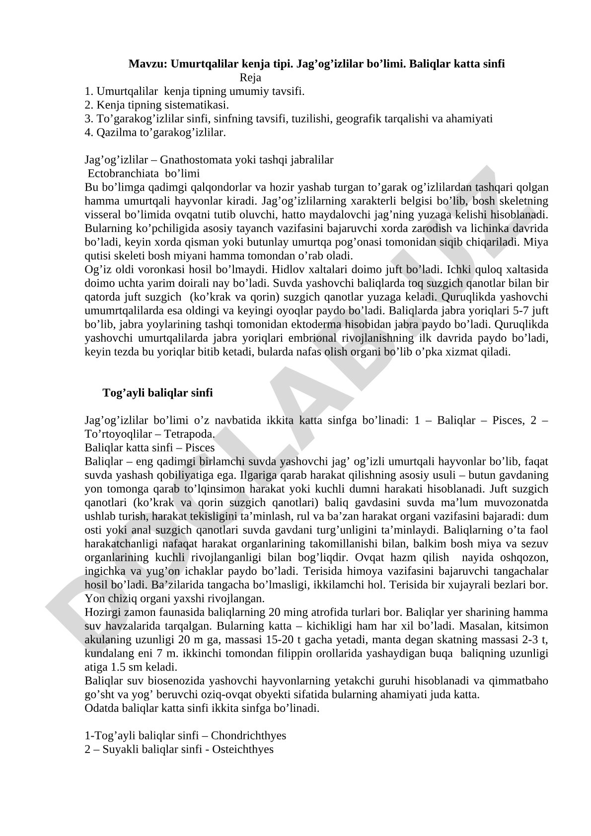 Umurtqalilar kenja tipi. Jag’og’izlilar bo’limi. Baliqlar katta sinfi