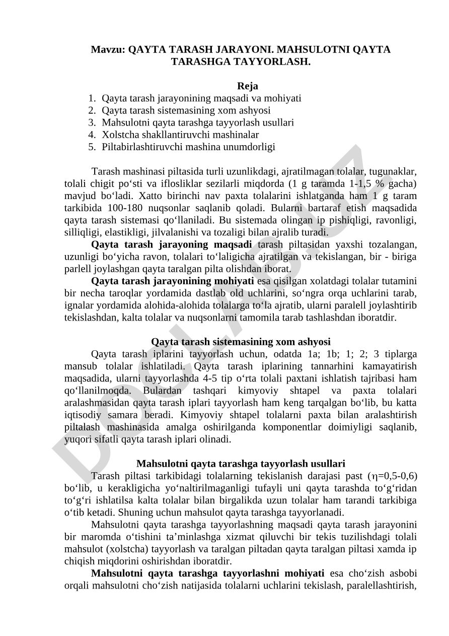 QAYTA TARASH JARAYONI. MAHSULOTNI QAYTA TARASHGA TAYYORLASH