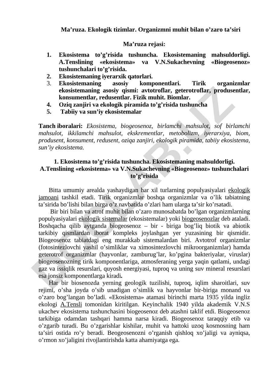 Ekologik tizimlar va organizmni muhit bilan o'zaro ta'siri