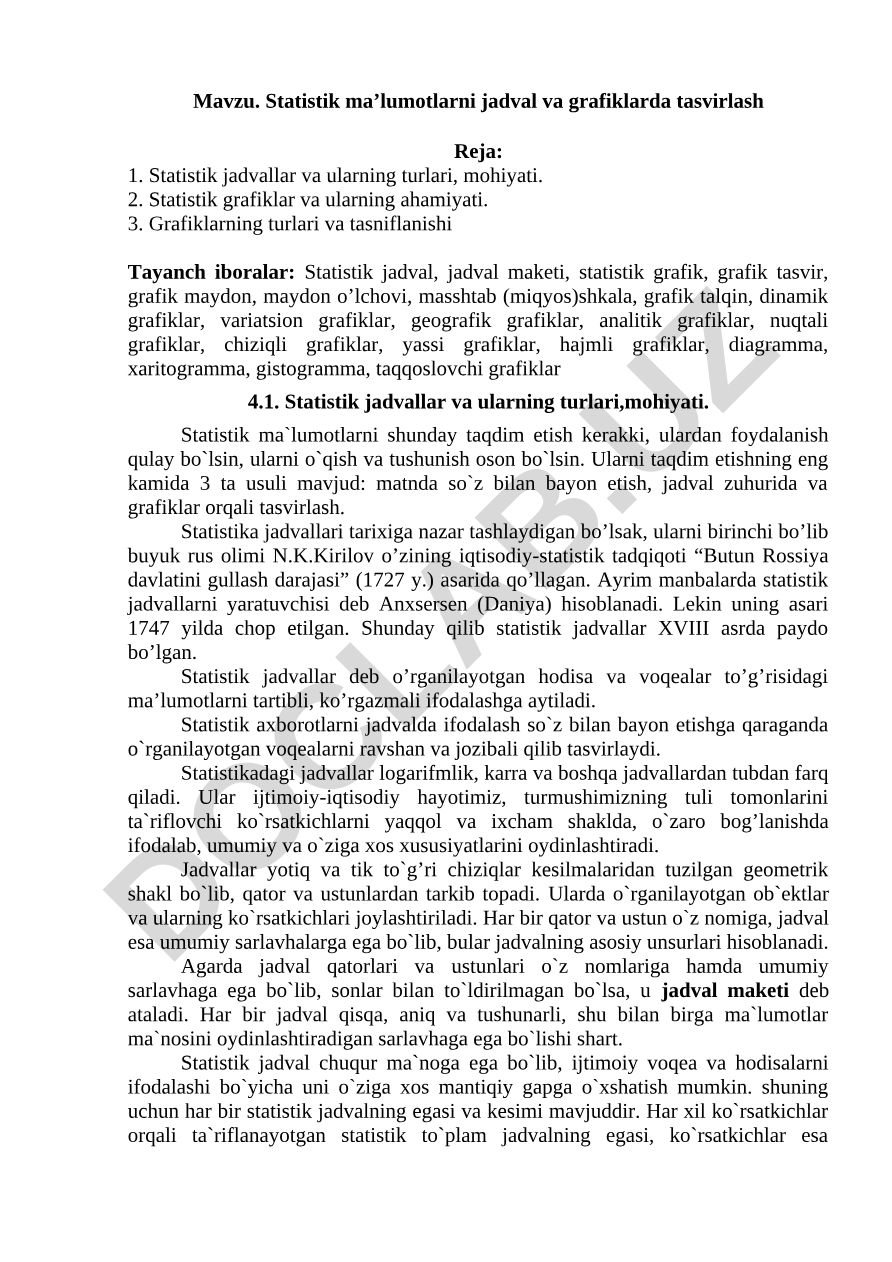 Statistik ma’lumotlarni jadval va grafiklarda tasvirlash