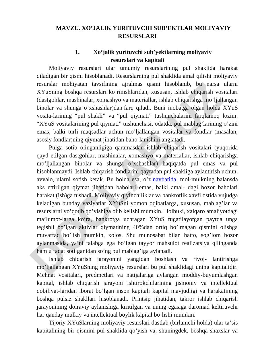 Xo’jalik yurituvchi sub’ektlar moliyaviy resurslari