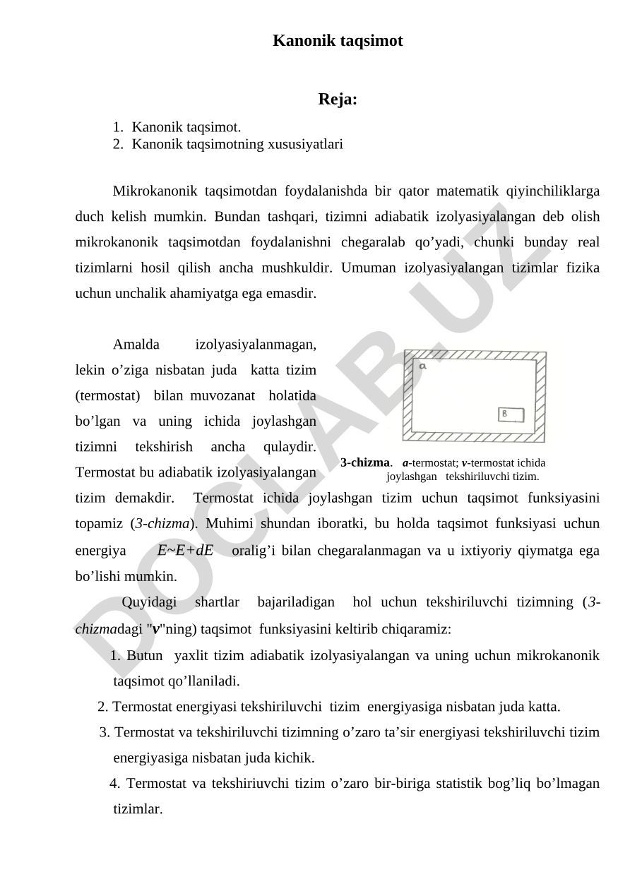 Kanonik taqsimot va uning xususiyatlari