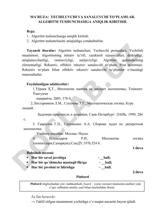 Yechiluvchi va sanaluvchi to'plamlar. Algoritm tushunchasiga aniqlik kiritish