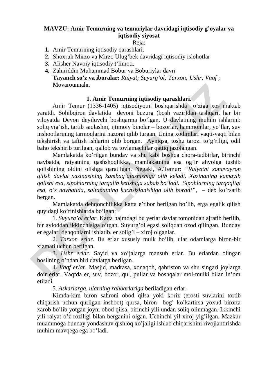 Amir Temurning va temuriylar davridagi iqtisodiy g’oyalar va iqtisodiy siyosat