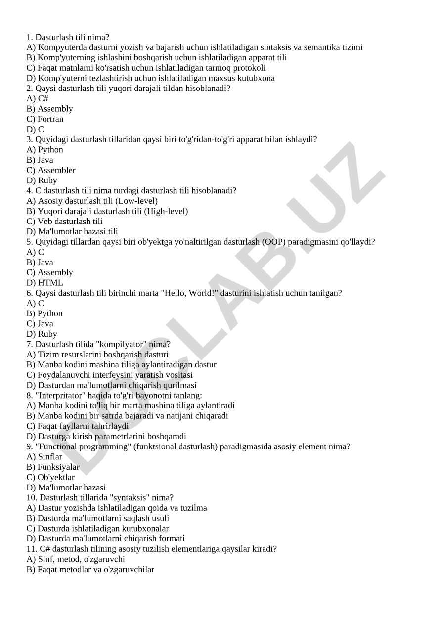 Dasturlash tillari haqida test savollari