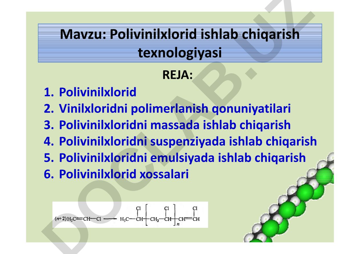 Polivinilxlorid ishlab chiqarish texnologiyasi