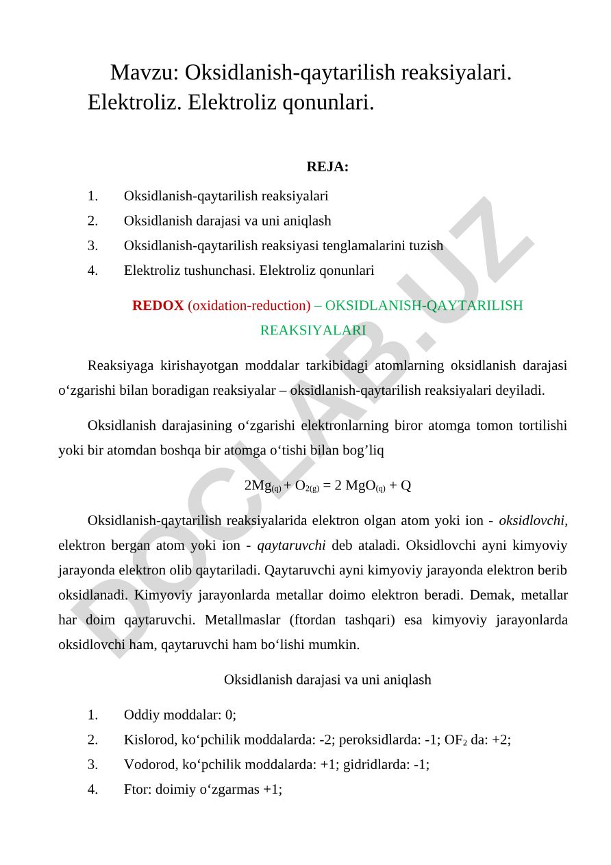 Oksidlanish-qaytarilish reaksiyalari. Elektroliz. Elektroliz qonunlari