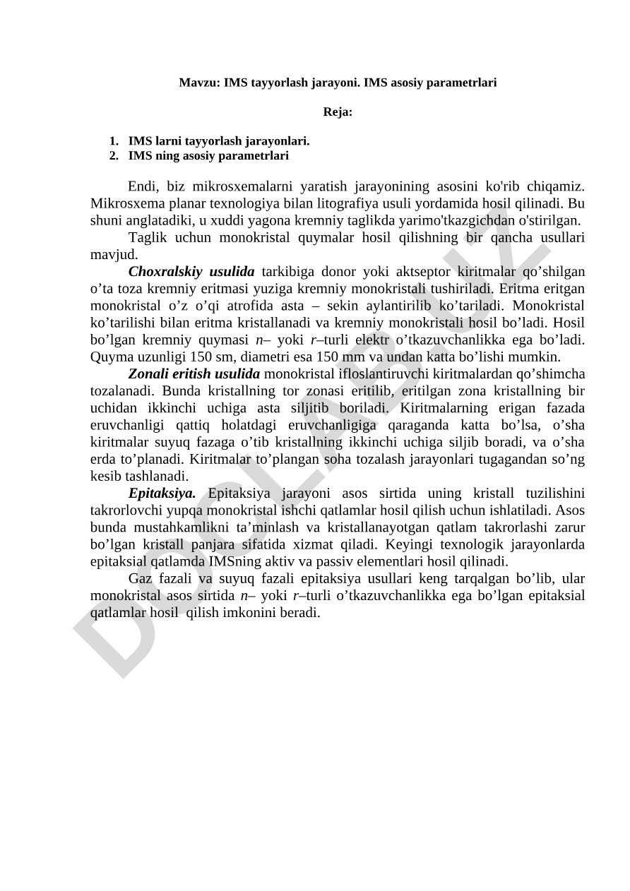 IMS tayyorlash jarayoni. IMS asosiy parametrlari