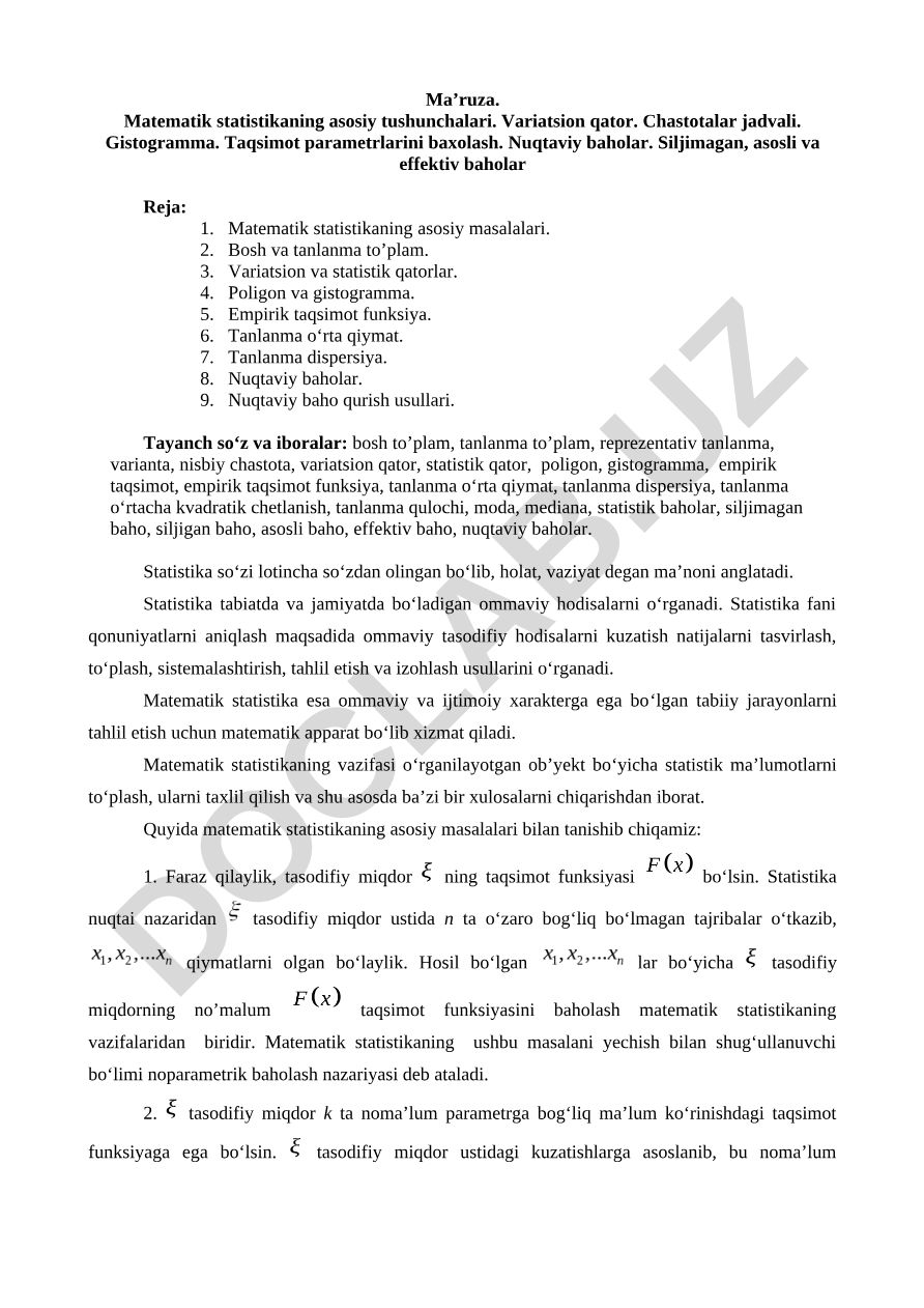 Matematik statistikaning asosiy tushunchalari va taqsimot parametrlarini baholash