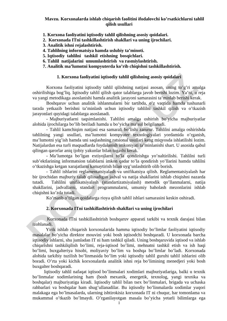 Korxonalarda ishlab chiqarish faoliyatini ifodalovchi ko'rsatkichlarni tahlil qilish usullari