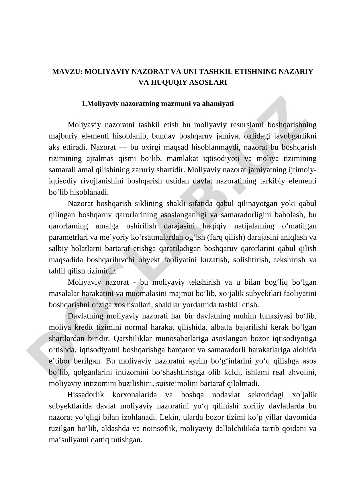 Moliyaviy nazorat va uni tashkil etishning nazariy va huquqiy asoslari